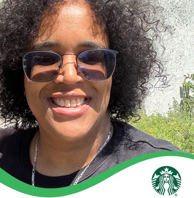 Melissa Bennett-Holt smiling in sunglasses, with the Starbucks logo