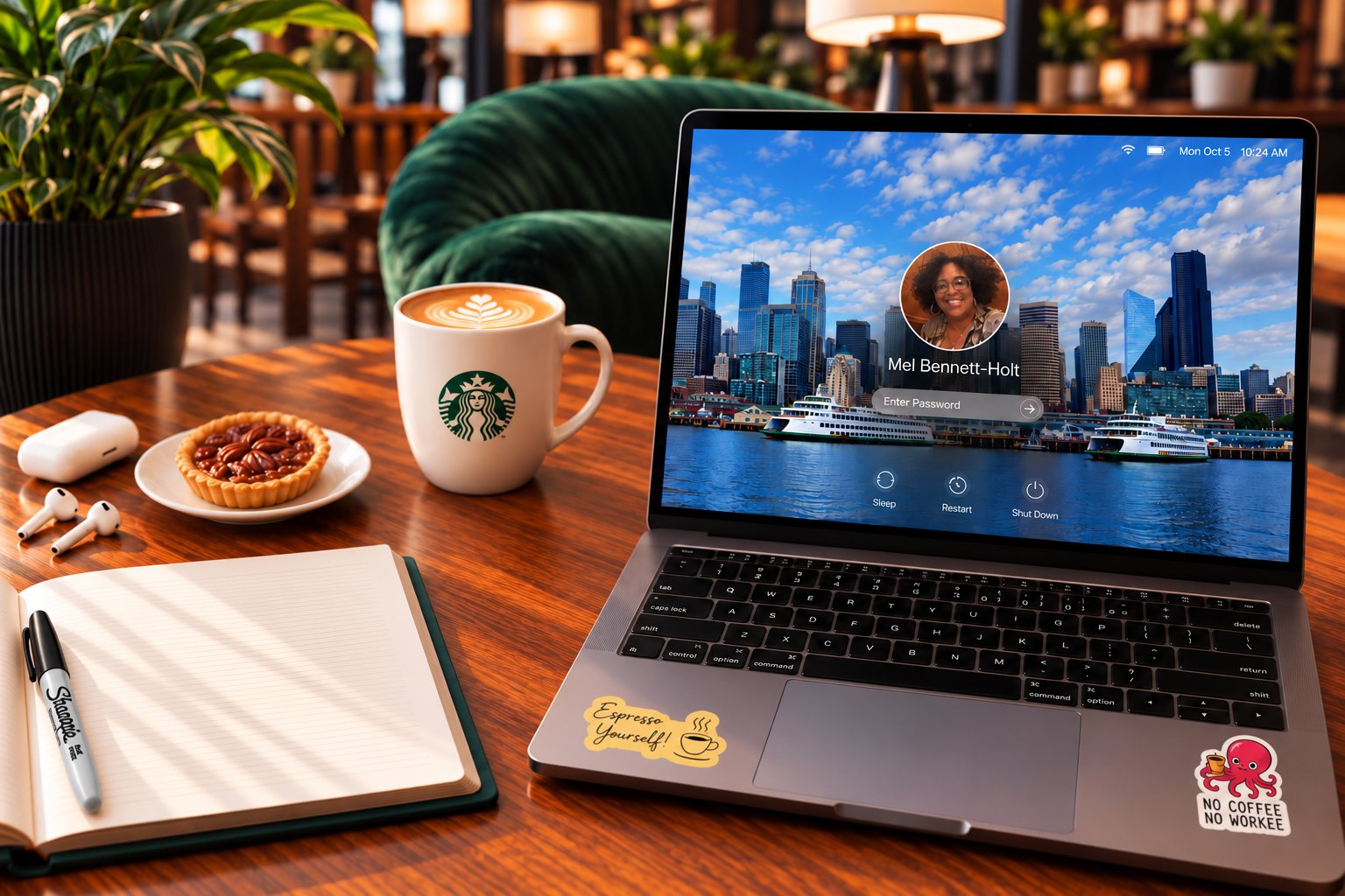 A café table with a laptop, a latte, a pecan tart, AirPods and an open notebook